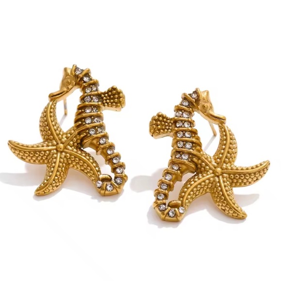 Seahorse Starfish Crystal 18K Gold Stainless Steel Waterproof Earrings - Picture 1 of 11